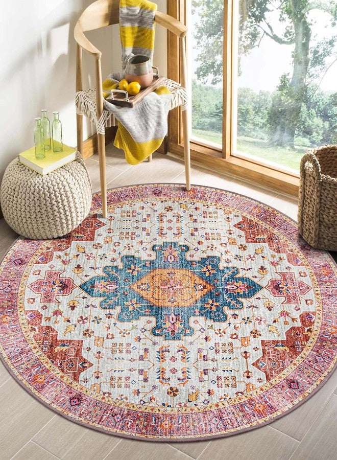 Moynesa Ultra-Thin Washable Round Rug - 4ft Pink Oriental Circle Area Rugs for Nursery Bedroom, Vintage Non Slip Non Shedding Low Pile Carpet for Living Room Coffee Table Entryway - Image 1